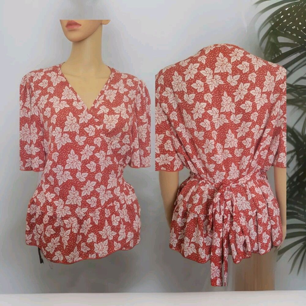 1X Shien Red Wrap Blouse Top Maple Leaf